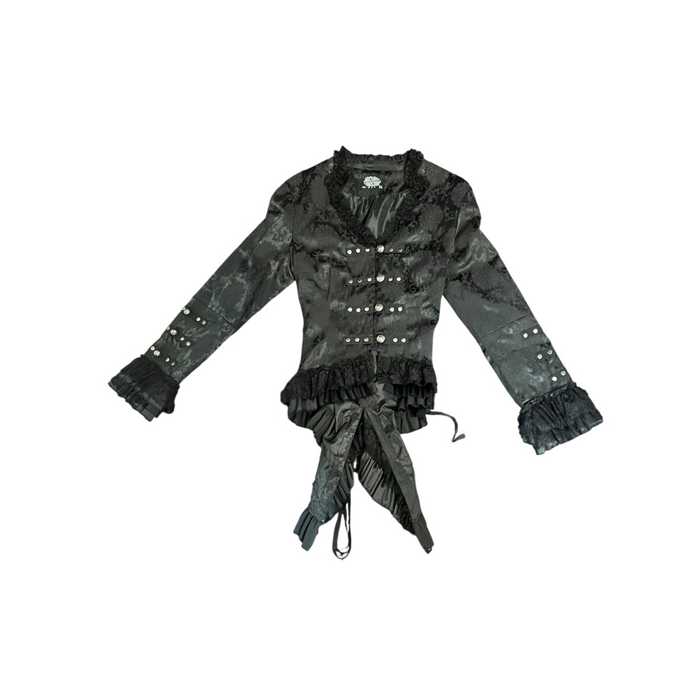 Hearts & Roses Black Floral Damask Gothic Victorian Ruffle Bustle Jacket US 8